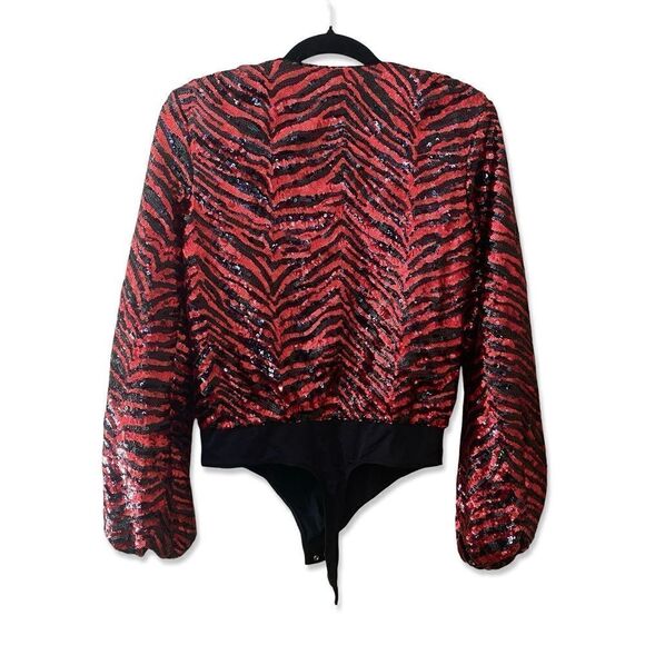 NBD Rochelle bodysuit sequin red black zebra print going out top Revolve Sz S - Picture 5 of 11